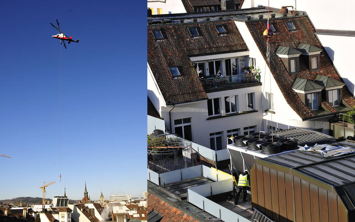 gaskuehler-2.jpg Transport und Platzierung von Gaskühler auf dem Dach in der Berner Innenstadt.
Foto: Frigo-Consulting